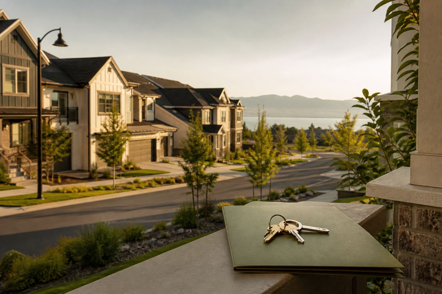 Daybreak-area streetscape with keys and association folder ready for move-in