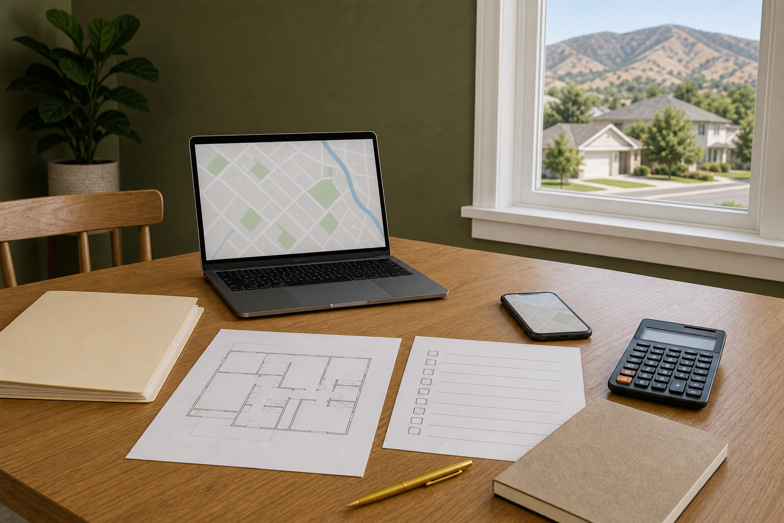 Buyer-planning table with a floor plan, unlabeled worksheet, calculator, and map in a Utah home