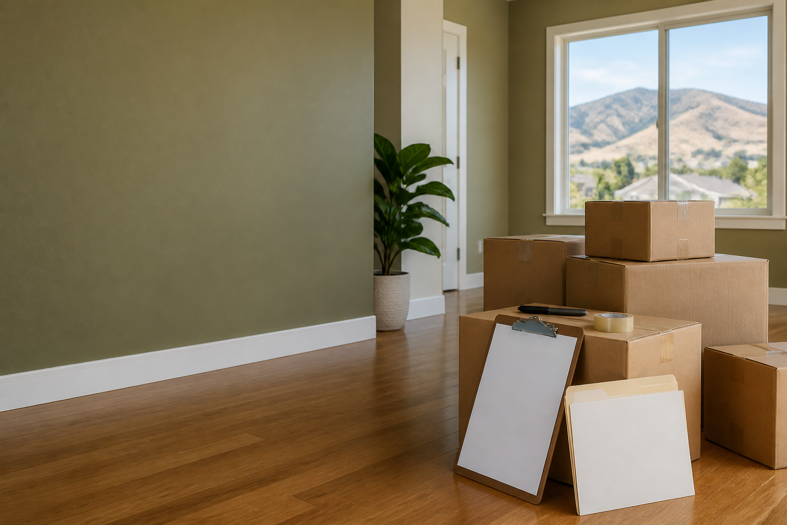 Labeled moving boxes and a planning folder ready for a southwest Salt Lake County move