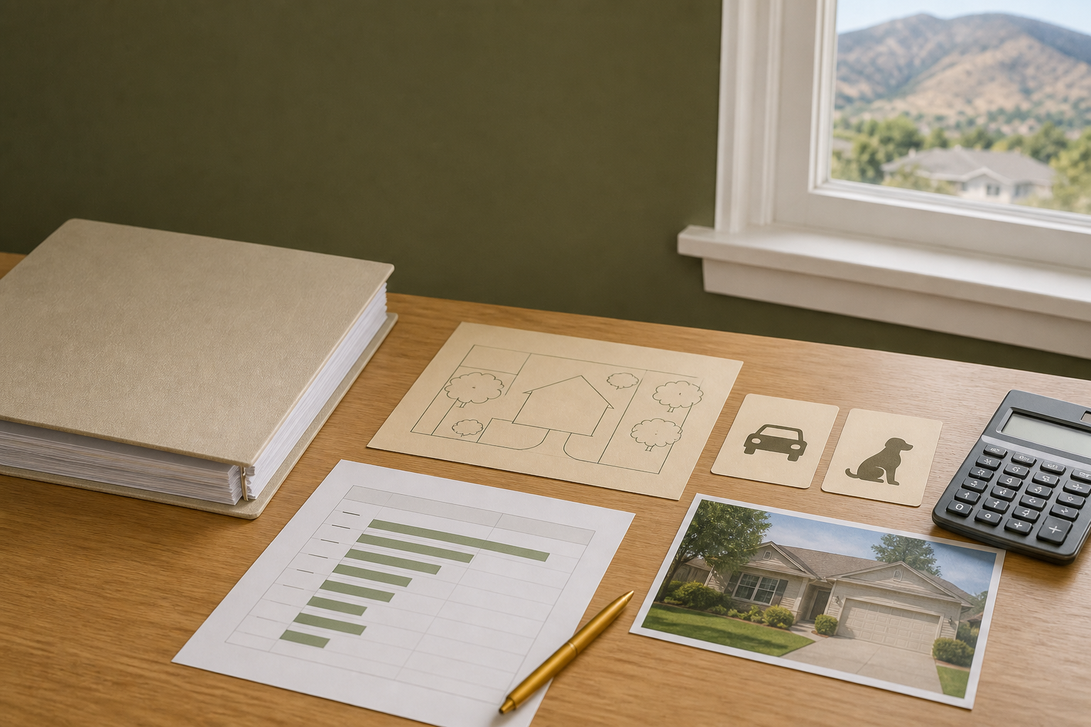 HOA documents, budget, and a simple maintenance-responsibility layout on a table