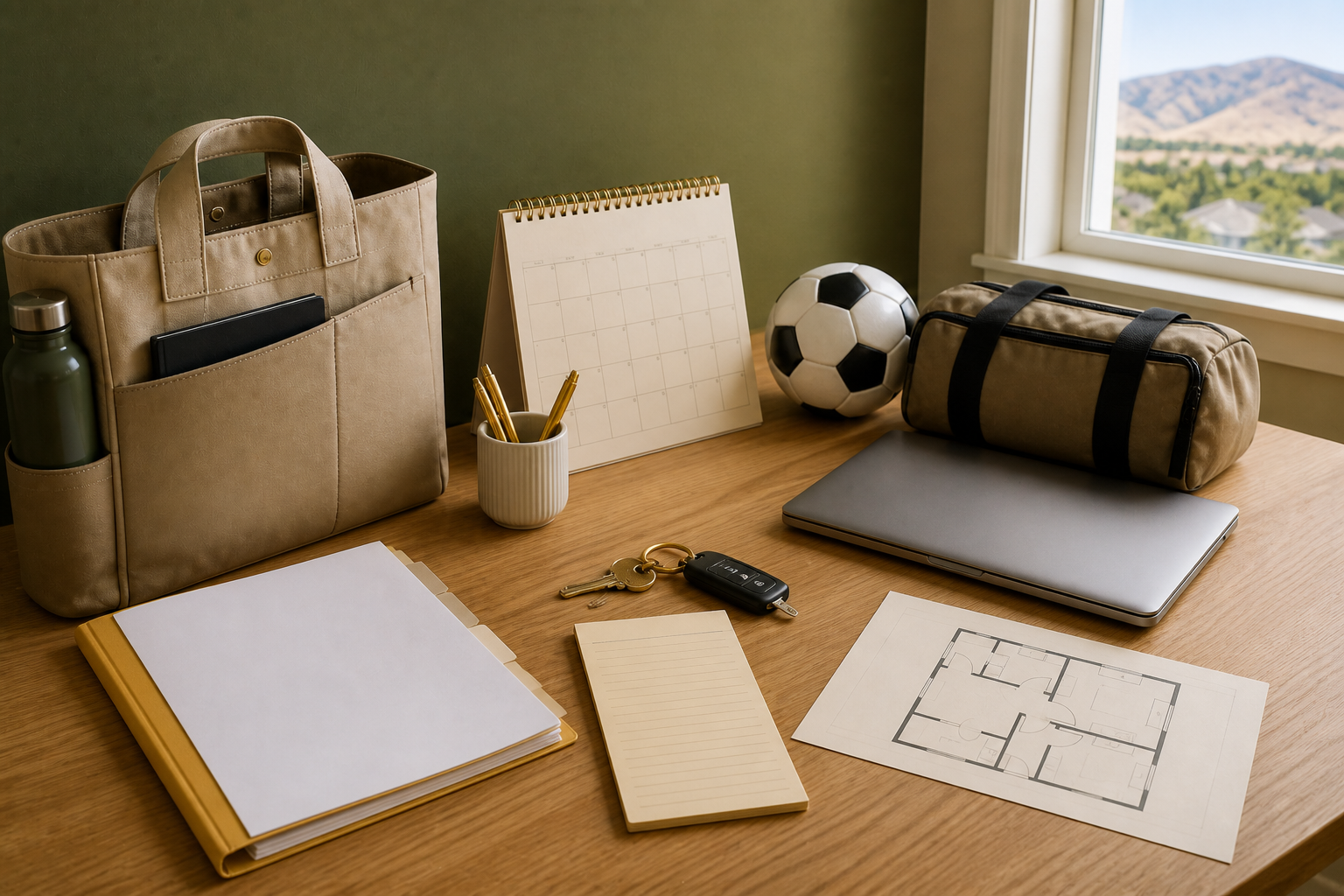 Weekday routine items arranged with a home floor plan: bag, calendar, keys, and activity folder