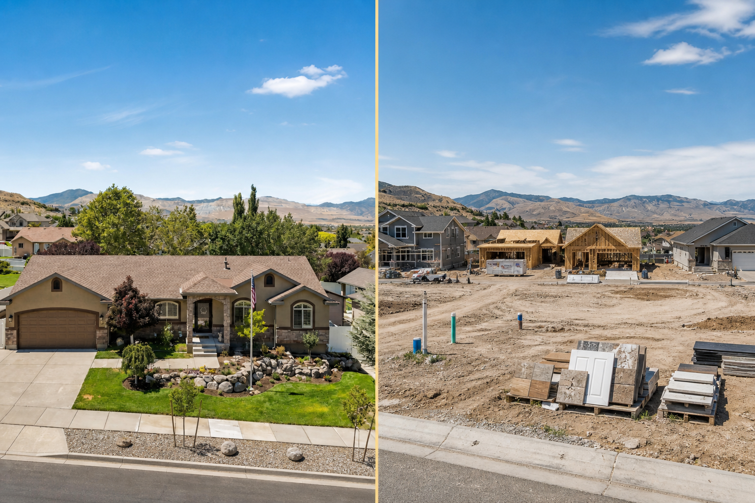 Split view of a finished resale street and an active new-construction phase with unfinished lots