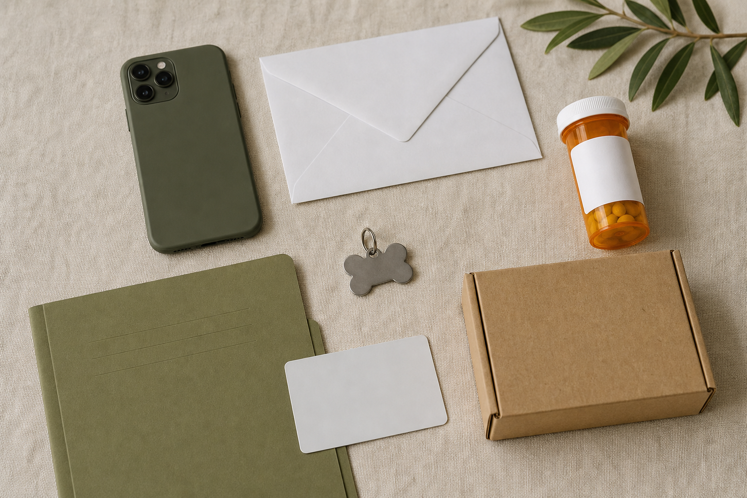 Flat-lay of mail, phone, school folder, pet tag, and subscription items people often forget to update