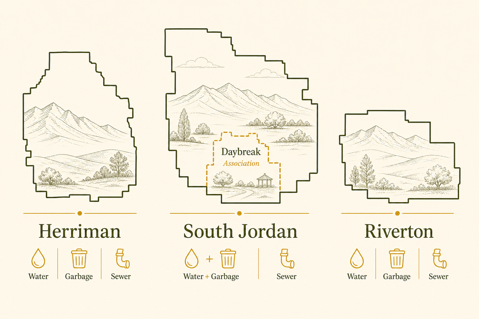 Diagram showing utility and association responsibilities for Herriman, South Jordan, and Daybreak